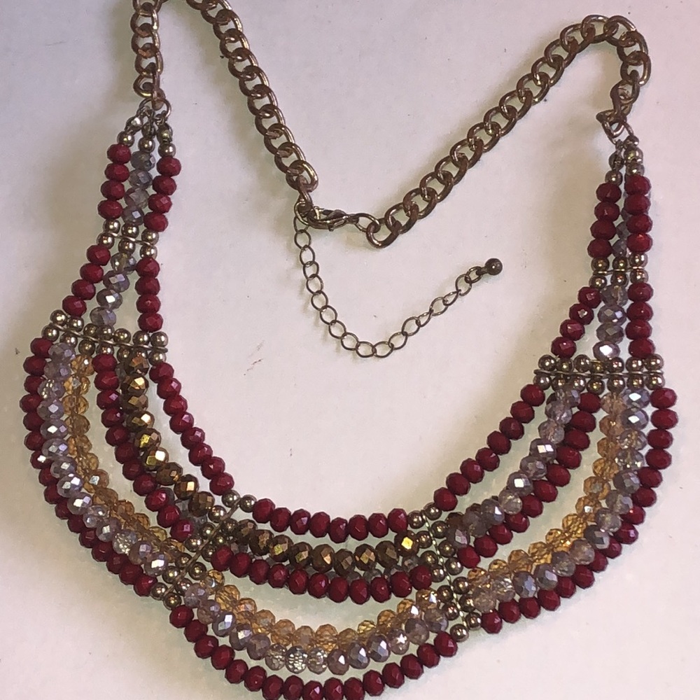 Multi-Strand Red Beaded Boho Statement Necklace - image 1